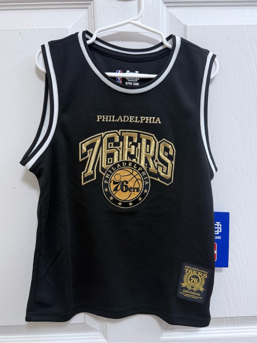 NWT NBA Philadelphia 76ers Kids Black & Gold Jersey Tank Top, Size 5/6